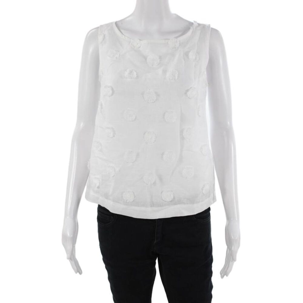Whyci Milano Women Sleeveless Linen Polka Dot Neck Blouse White Size S